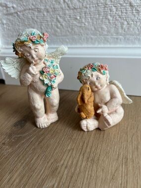 Set of Two Cherub Angel Ceramic Figurines with Floral Crowns (Pink, Green, Gold)